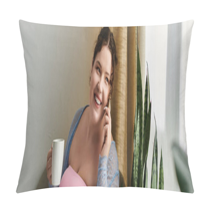 Personality  Cheerful Woman Talking By Phone At Home. Pillow Covers