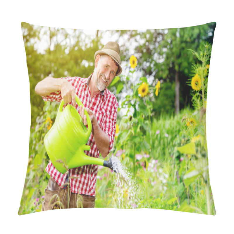 Personality  Handsome Bavarian Man Standing In The Garden And Watering The Fl Pillow Covers