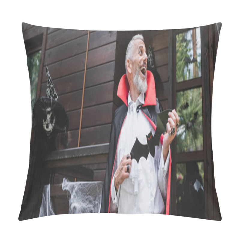 Personality  Laughing Middle Aged Man In Halloween Vampire Costume Holding Paper Cut Bat On Porch Of Wooden House, Banner Pillow Covers