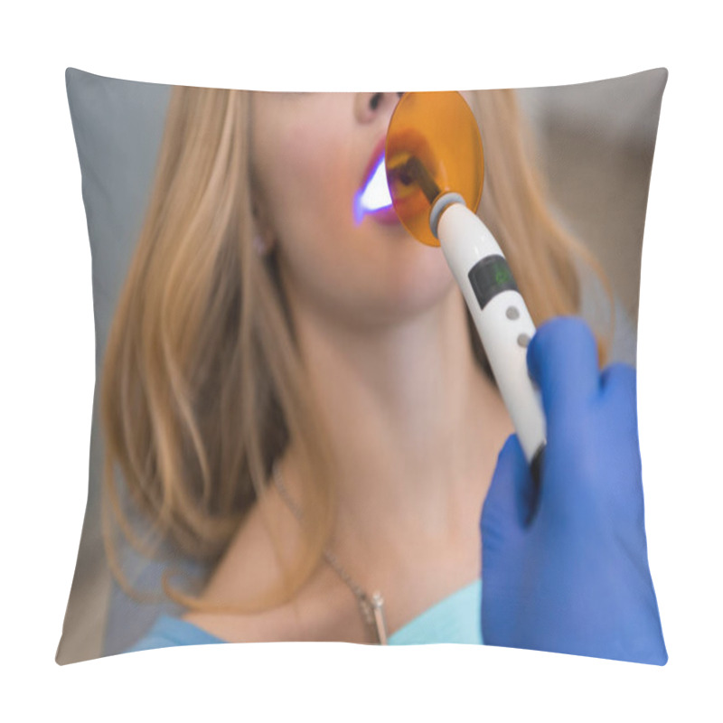 Personality  Cropped Shot Of Dentist In Glove Making Procedure With Dental Curing Light For Female Client Pillow Covers