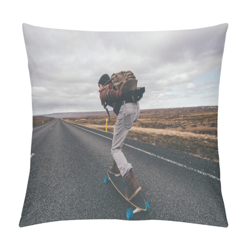 Personality  Skater Traveling Iceland On His Longboard Pillow Covers