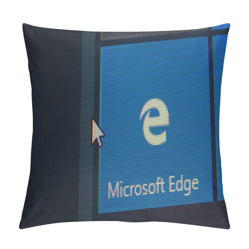 Personality  Microsoft Edge App On The Screen Notebook Closeup. Microsoft Edge Is A Microsoft Browser Designed To Replace Internet Explorer. Moscow, Russia - April 10, 2019 Pillow Covers