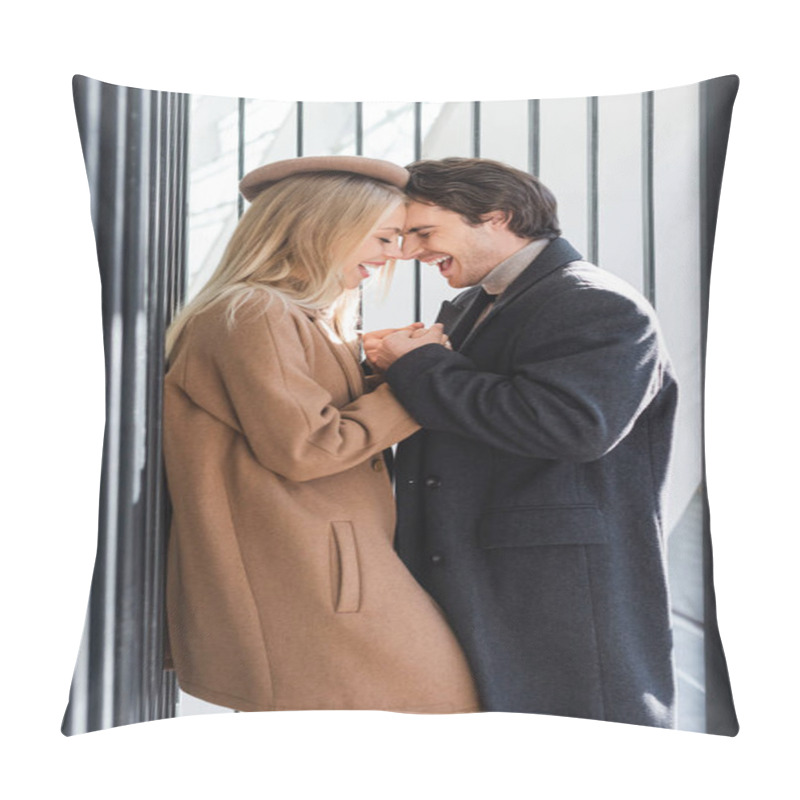 Personality  Side View Of Trendy Couple In Autumn Clothes Holding Hands And Laughing Near Fence Pillow Covers