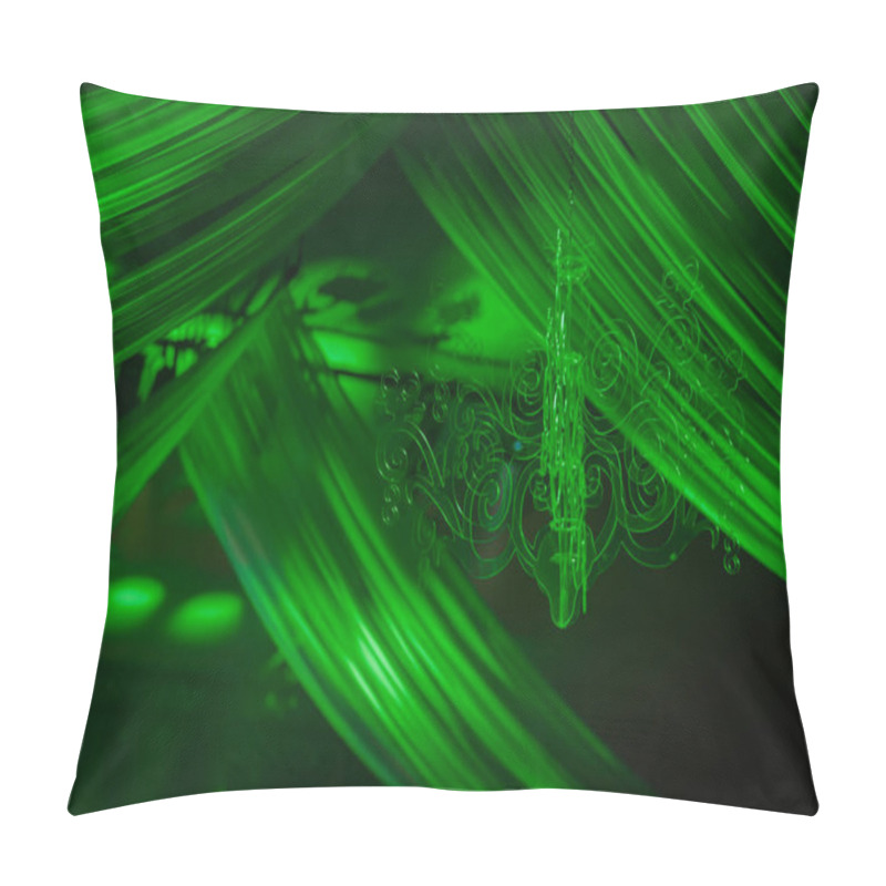 Personality  Valmiera, Latvia November 29, 2024 - Green-lit Draped Ceiling Decor With An Intricate Chandelier, Creating An Elegant And Dramatic Atmosphere In An Indoor Event Space. Pillow Covers