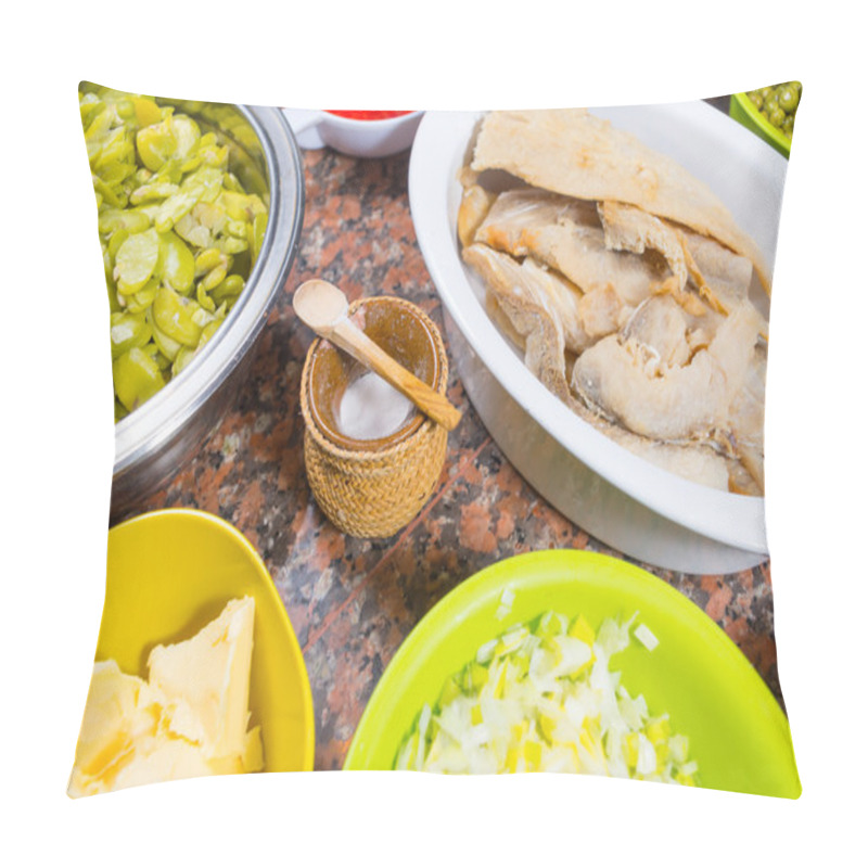 Personality  Bowls Of Different Ingredients Spread Out On Granite Surface Including Green Peas, Onions, Abbas, Corn, Fish, Lupini And Red Beans Pillow Covers