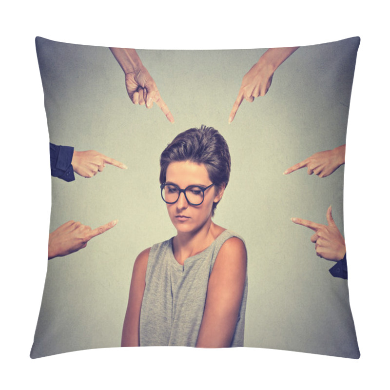 Personality  Sad Embarrassed Woman In Glasses Looking Down Many Fingers Pointing At Her Pillow Covers