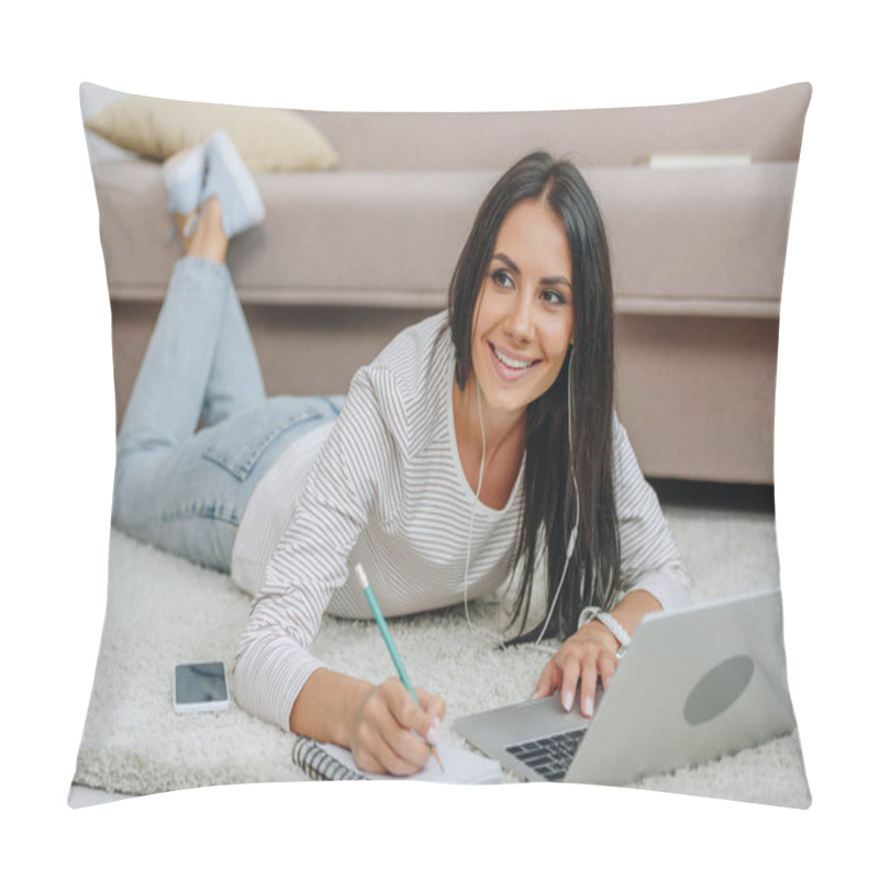 Personality  Beautiful Woman With Earphones Lying On Floor And Looking Away  Pillow Covers