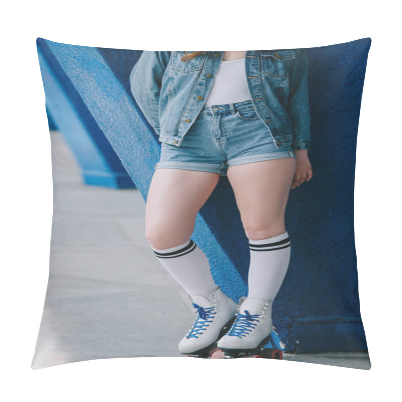 Personality  Cropped Shot Of Stylish Woman In Denim Clothes, High Socks And Retro Roller Skates Pillow Covers