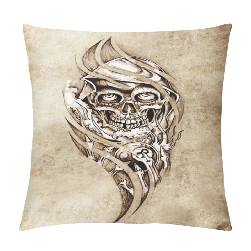 Personality  Sketch Of Tattoo Art, Monster With Eight Ball Pillow Covers