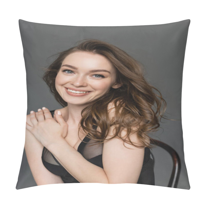 Personality  Portrait Of Young And Confident Brunette Woman With Hairstyle And Everyday Makeup Wearing Sexy Bodysuit, Touching Shoulder And Looking At Camera While Sitting On Chair Isolated On Grey   Pillow Covers