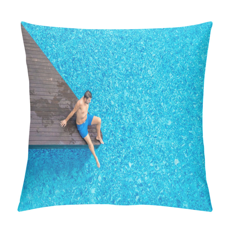 Personality  Men In Swimming Pool , Guy In Blue Swim Short From Above In Swim Pool, Drone View From Above Pillow Covers