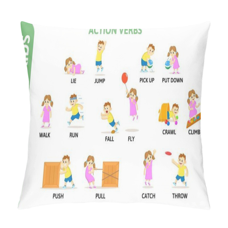 Personality  English For Kids Playcard. Action Verbs With Playing Characters. Word Card For English Language Learning. Flat Vector Illustration. Pillow Covers