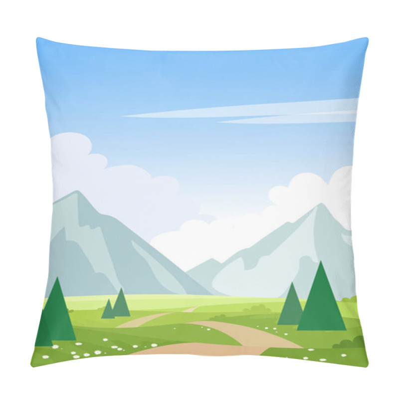 Personality  Summer Landscape With Mountains, Trees, Road, Meadows. Print With Spring Landscape. Modern Natural Background. Flat Cartoon Illustration With Place For Text. Pillow Covers