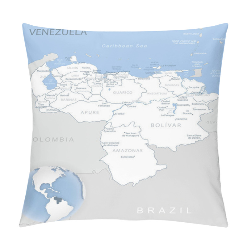 Personality  Blue-gray Detailed Map Of Venezuela Administrative Divisions And Location On The Globe. Vector Illustration Pillow Covers