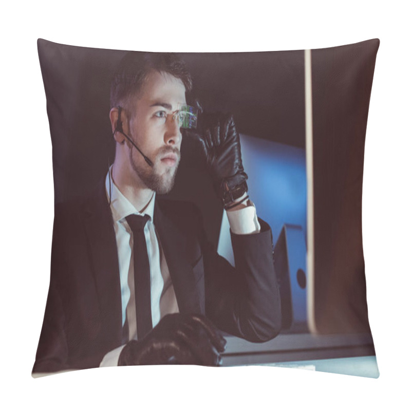 Personality  Portrait Of Hacker With Headset Looking At Computer Screen At Table In Dark Pillow Covers