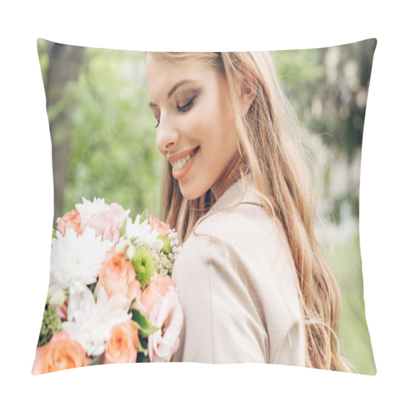 Personality  Close-up Portrait Of Happy Young Woman Looking At Flower Bouquet Pillow Covers