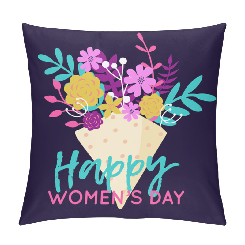 Personality  Vector Happy 8 March Illustration With Bouquet Of Flowers. Trendy International Women's Day Greeting Card, Poster, Flyer. Pillow Covers