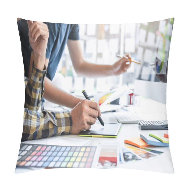 Personality  Team Design Of Young Interior Graphic Designer Working House Project Sketching On Graphic Tablet And Color Swatch Working At Modern Office, Creative Inspiration And Imagine. Pillow Covers