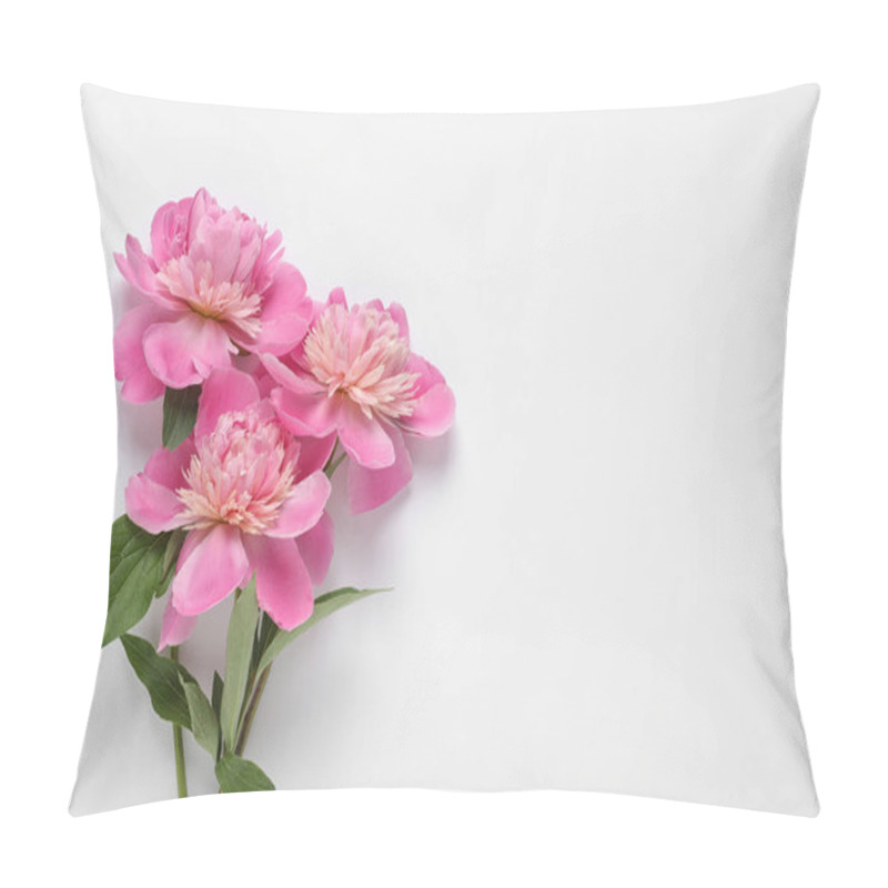 Personality  Beautiful Fresh Peony Flowers With Leaves On White Background, Top View Pillow Covers