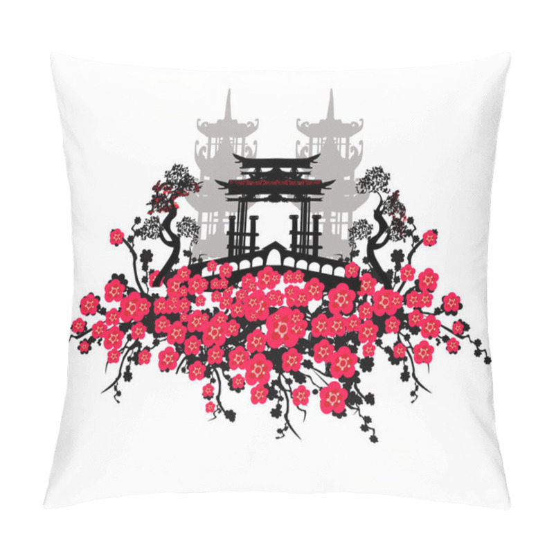 Personality  Japanese City With Traditional Architecture - Beautiful Decorative Banner With  Buildings And Cherry Blossoms  Pillow Covers