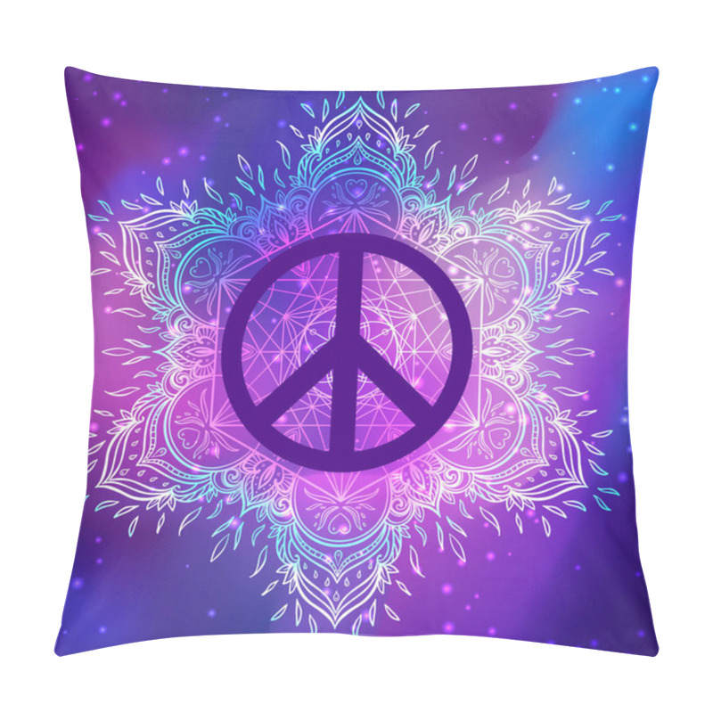 Personality  Peace Symbol Over Decorative Ornate Background Mandala Round Pat Pillow Covers