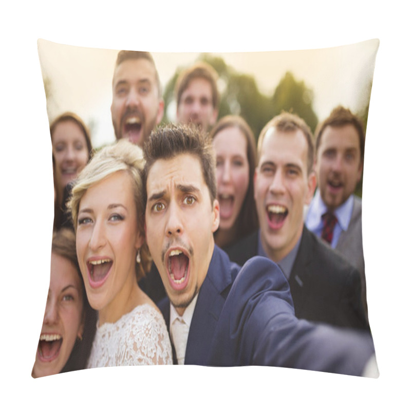 Personality  Newlyweds With Their Firends Taking Selfie Pillow Covers