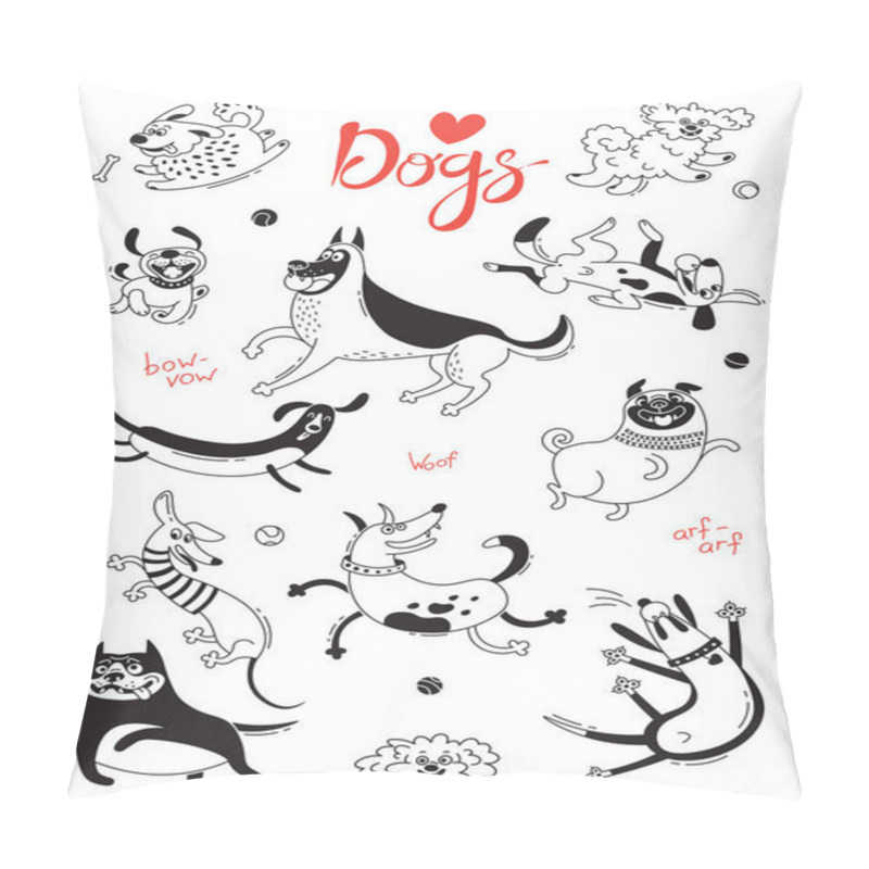 Personality  Playing Dogs. Funny Lap-dog, Happy Pug, Mongrels And Other Breeds. Set Of Isolated Vector Drawings For Design Pillow Covers