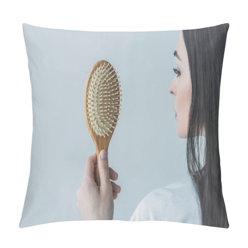 Personality  Cropped Shot Of Brunette Woman Holding Hairbrush With Fallen Hair Isolated On Grey Pillow Covers