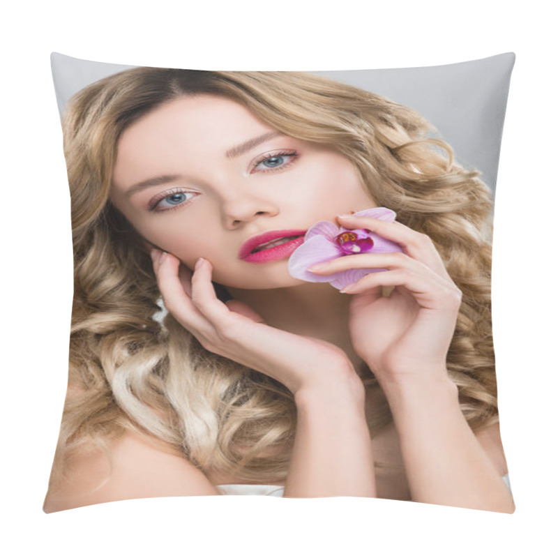 Personality  Young Blonde Gentle Woman Holding Purple Orchid In Hand While Touching Face Isolated On Grey Pillow Covers