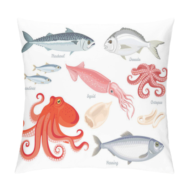 Personality  Seafood Vector Set. Cartoon Flat Illustration Of Squid, Octopus, Dorado, Herring, Sardine, Mackerel Isolated On White.  Pillow Covers