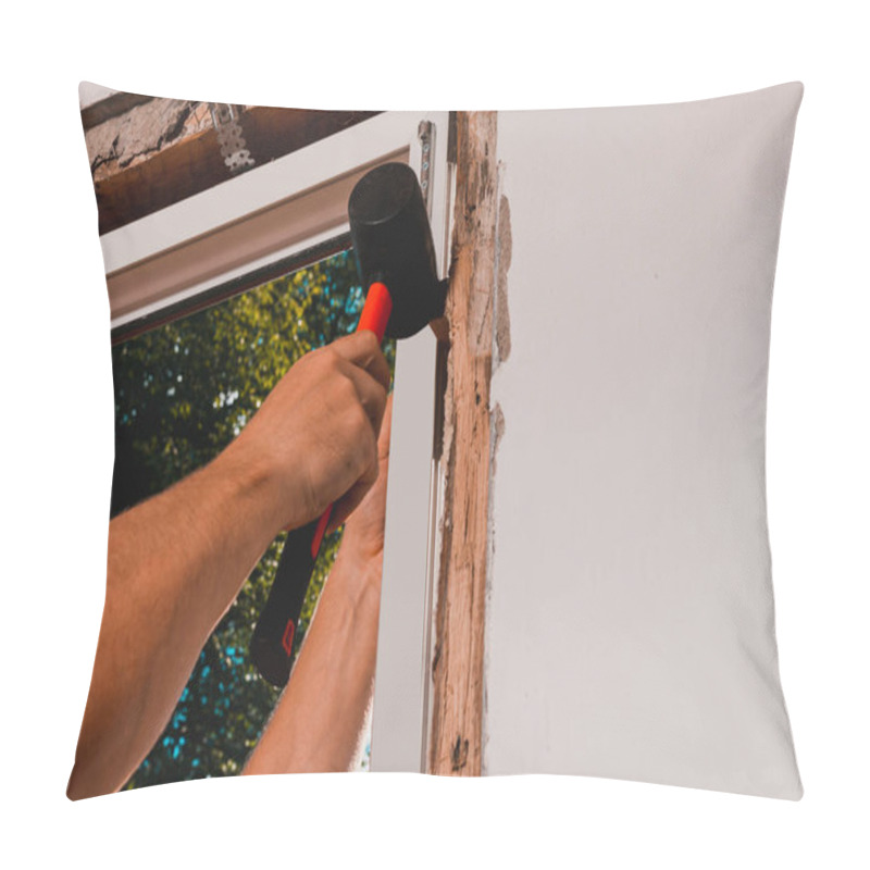 Personality  Window Installation, A New Plastic Window In A Private House, The Master Uses A Rubber Hammer To Install The Window. Pillow Covers