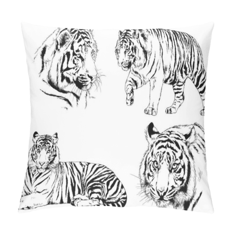 Personality  Vector Drawings Sketches Different Predator , Tigers Lions Cheetahs And Leopards Are Drawn In Ink By Hand , Objects With No Background Pillow Covers