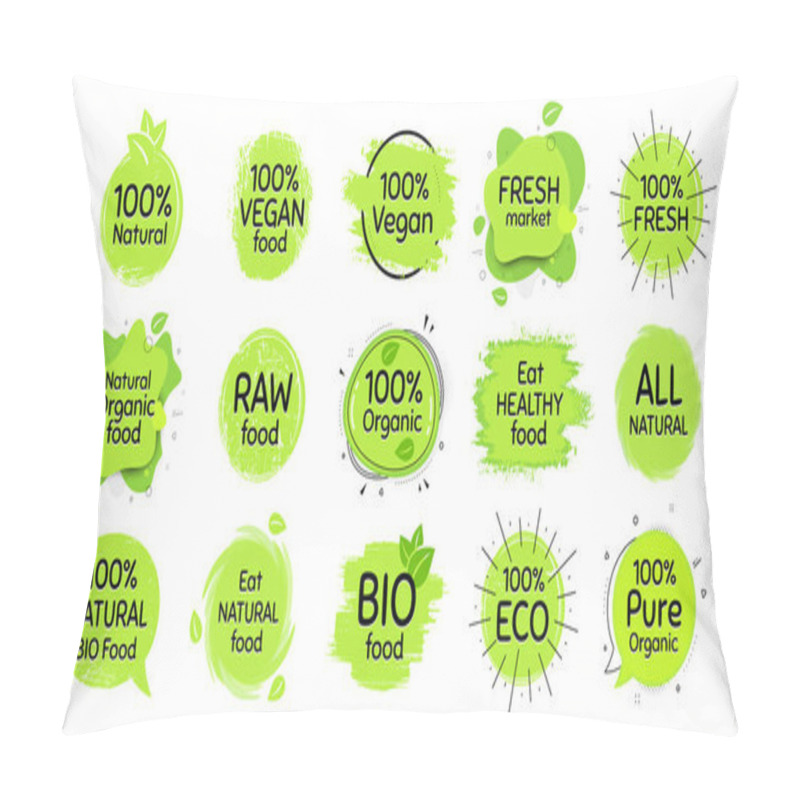 Personality  Vegan Eco Food, Bio Organic, 100 Percent Fresh. Healthy Natural Food Icon. Raw Product. Set Of Organic Emblem, Badges, Tags. Fresh Vegetarian Eco Product. Healthy Vegan Stamp. Bio Vector Pillow Covers