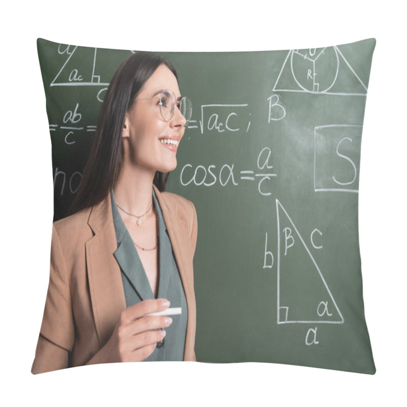 Personality  Happy Teacher Holding Chalk Near Mathematic Formulas On Chalkboard  Pillow Covers