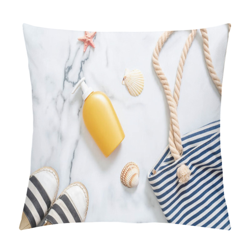 Personality  Sunscreen Cream In A Yellow Bottle, Striped Sandals And Beach Bag, Seashells On Marble Background. Beauty Cosmetic Product For Skin Protection From The Sun And Beach Accessories, Flat Lay, Top View. Pillow Covers