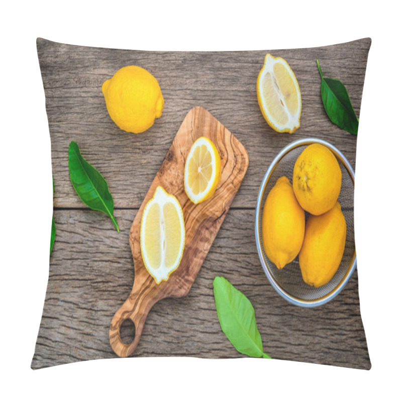 Personality  Fresh Lemons And  Lemons Leaves On Rustic Wooden Background. Fre Pillow Covers