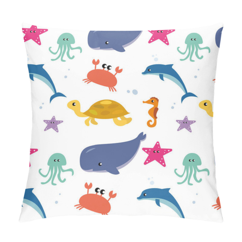 Personality  Pattern Of Flat Illustrations Of Marine Life Marine Fish And Animals. Dolphins And Whales, Sharks And Octopuses, Jellyfish And Seahorses. Set Of Cute Animals Icons Isolated On White Background. Pillow Covers