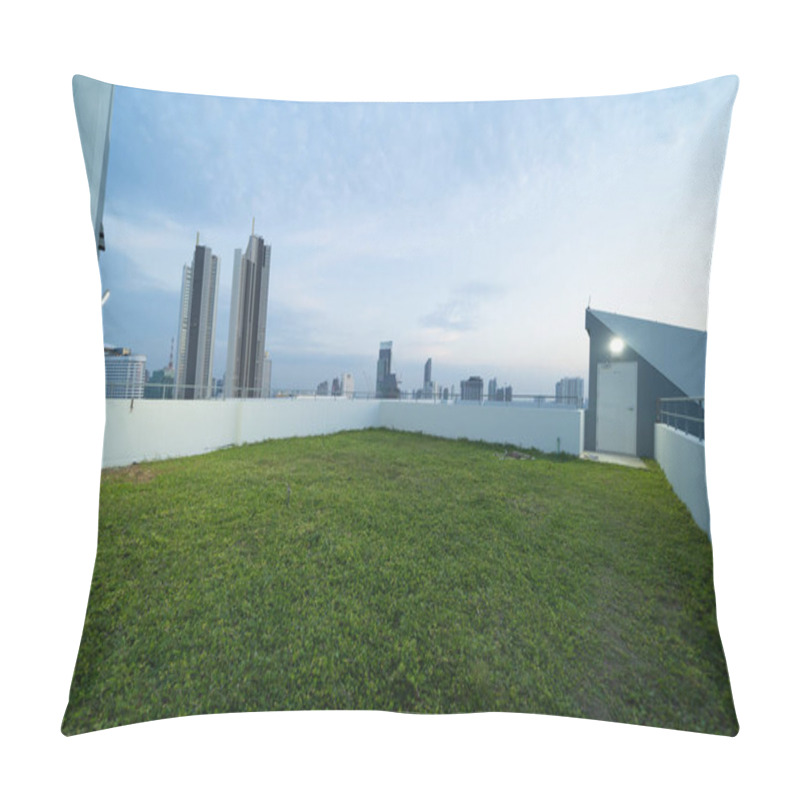 Personality  Sky Garden On Private Rooftop Of Condominium Or Hotel, High Rise Architecture Building With Tree, Grass Field, And Blue Sky. Pillow Covers