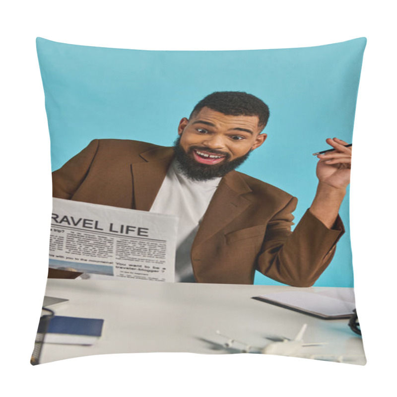 Personality  A Man With A Focused Expression Sitting At A Table, Holding A Newspaper In His Hands And Reading The Latest News And Stories. Pillow Covers