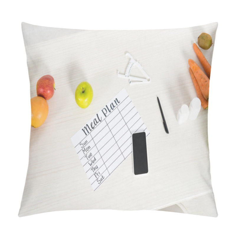 Personality  Top View Of Meal Plan, Smartphone With Blank Screen, Pills, Caliper, Pen And Fresh Food On Wooden Surface Pillow Covers