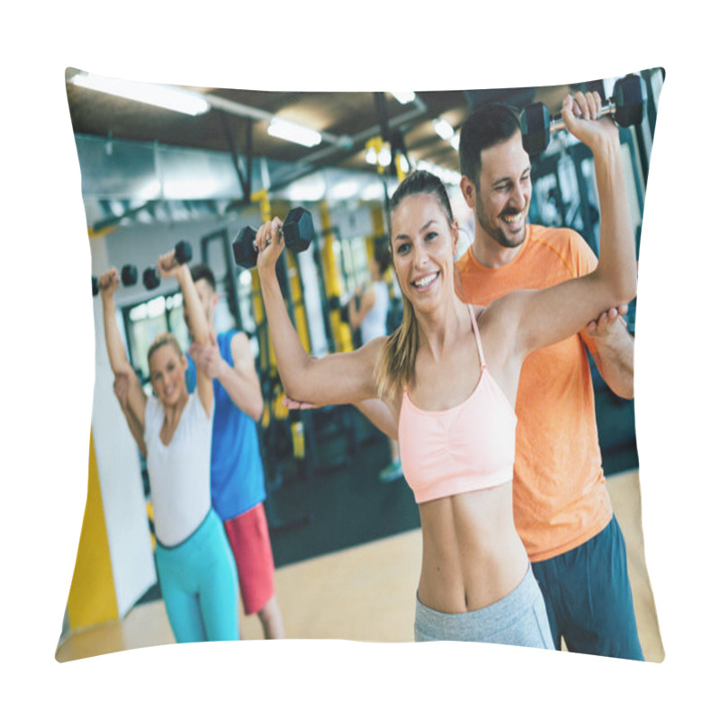 Personality  Beautiful Women Doing Exercises In Gym With Personal Trainers Pillow Covers