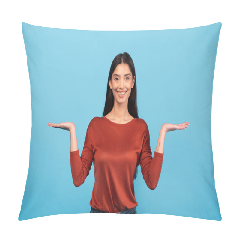 Personality  A Cheerful Woman With Long Brunette Hair Stands Against A Bright Blue Background, Smiling As She Raises Her Hands Outward. She Embodies Confidence And Positivity, Dressed In A Red Top And Jeans. Pillow Covers