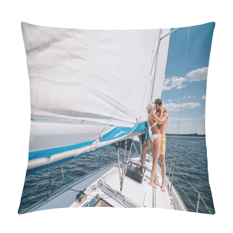 Personality  Distant View Of Young Couple In Swimwear Embracing On Yacht  Pillow Covers