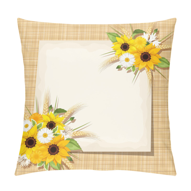 Personality  Vector Card With Sunflowers, Daisy And Ears Of Wheat On A Sacking Background. Eps-10. Pillow Covers