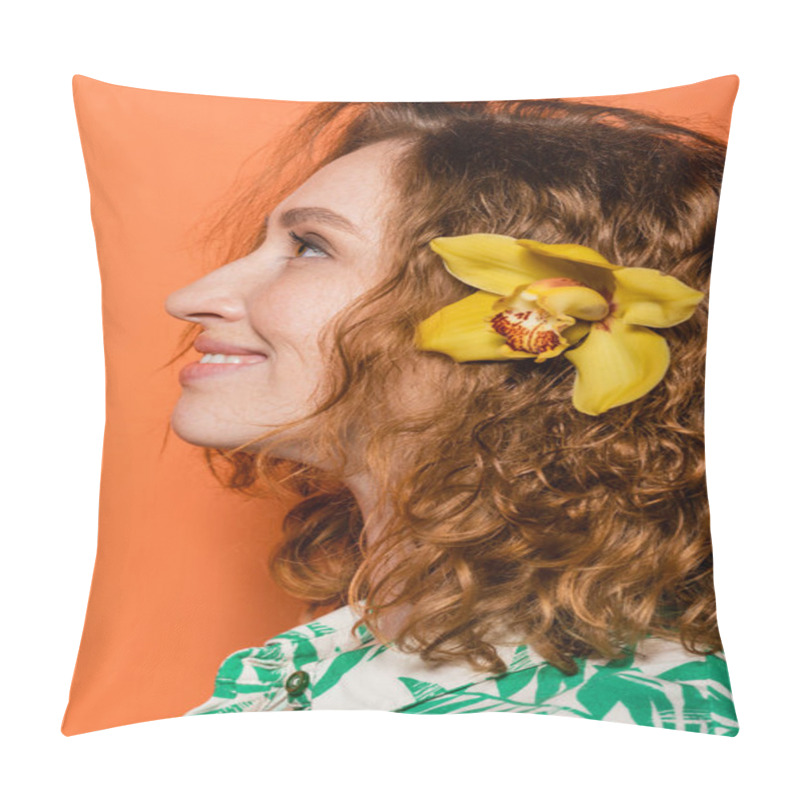 Personality  Side View Of Smiling Young Woman With Orchid Flower In Red Hair And Natural Makeup Looking Away While Standing On Orange Background, Summer Casual And Fashion Concept, Youth Culture Pillow Covers