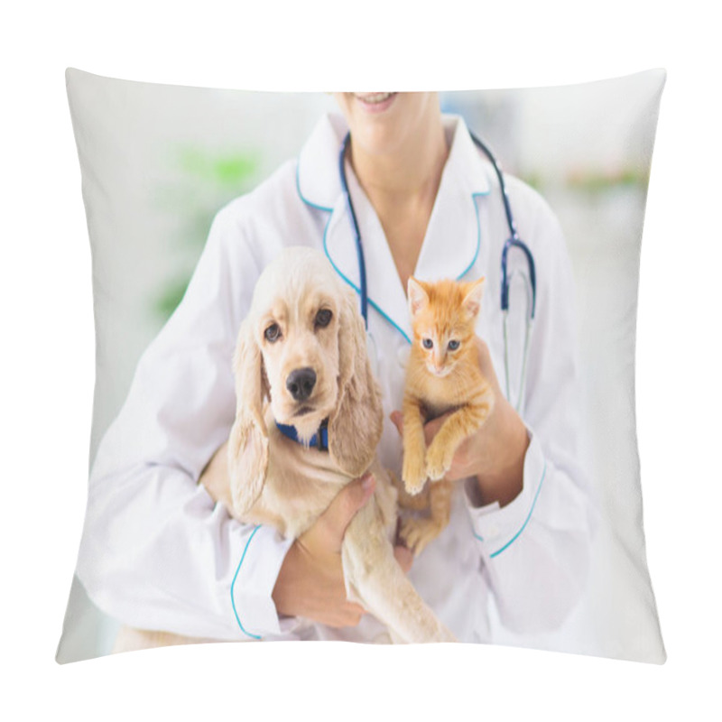 Personality  Vet With Dog And Cat. Puppy And Kitten At Doctor. Pillow Covers