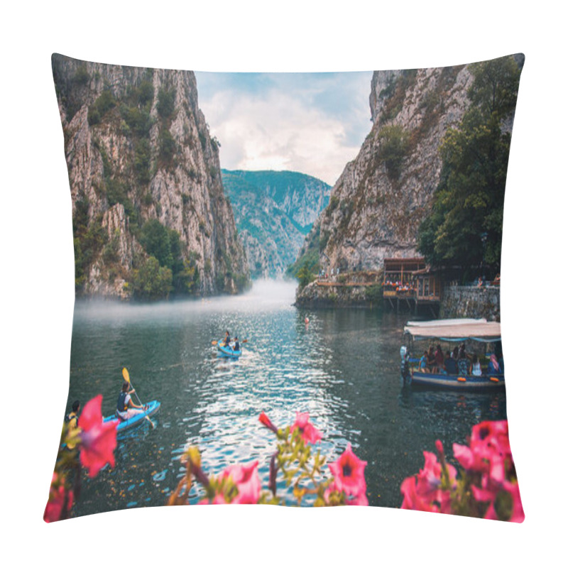 Personality  Matka, North Macedonia - August 26, 2018: Canyon Matka Near Skopje, With People Kayaking And Magical Foggy Scenery With Calm Water Pillow Covers