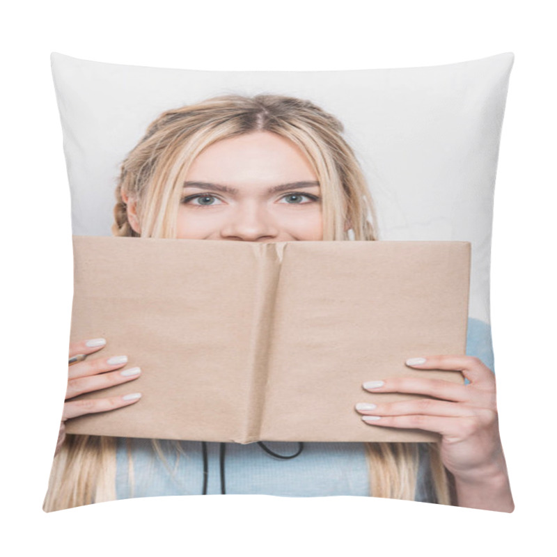 Personality  Young Blonde Woman Holding Book In Front Of Face And Looking At Camera Pillow Covers