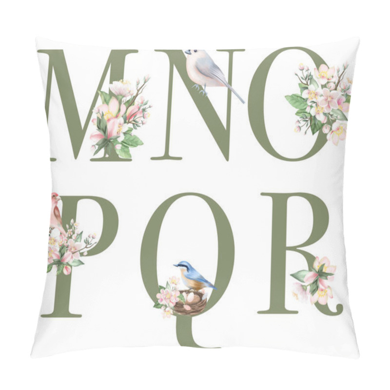 Personality  Set Of Floral Letters M-R With Apple Tree Flowers And Spring Birds, Isolated Illustration On White Background, For Wedding Monogram, Greeting Cards, Logo Pillow Covers