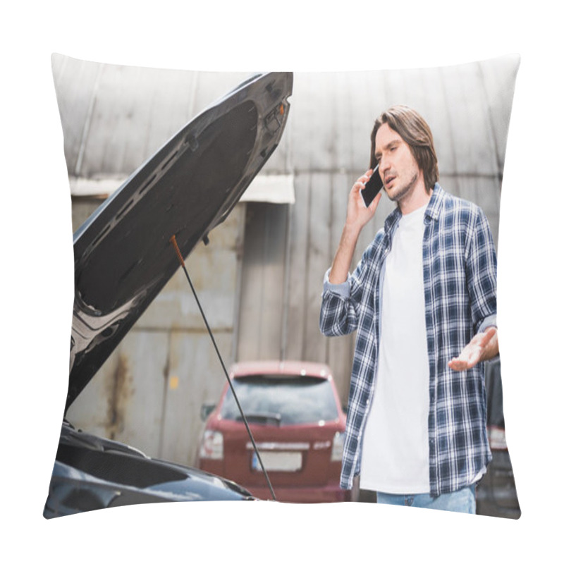 Personality  Man Talking On Smartphone While Standing Near Broken Auto With Open Trunk, Car Insurance Concept Pillow Covers